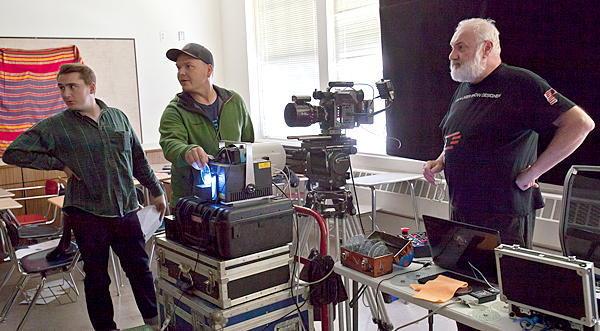 Shooting lasers, from left to right: Assistant to Producer Tyler Campellone,  Director of Photography Pawel Pogorzelski, Laser Artist Mike Gould. Photo by Assistant to Line Producer Cameron Thuman.